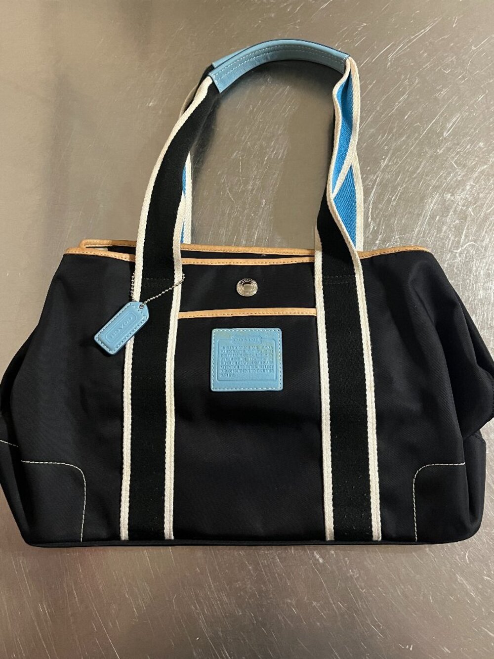 COACH HAMPTONS WEEKEND Expandable Tote Bag Purse Vintage Black Blue Tan